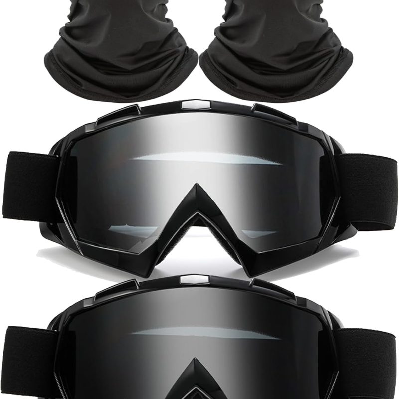 2Pcs Motocross Goggles with Neck Gaiter Dirt Bike  Racing Ski Motorcycle Goggles Cycling Glasses for Outdoor Sport, Black Frame Clear-Smoke Lenses