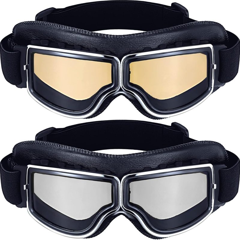 2 Pieces Motorcycle Goggles Vintage Pilot Style Cruiser Scooter Goggle  Anti-Scratch Dustproof Windproof